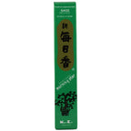 Boîte verte d'encens japonais Morning Star parfum Sauge de Nippon Kodo, contenant 50 bâtonnets et un support.