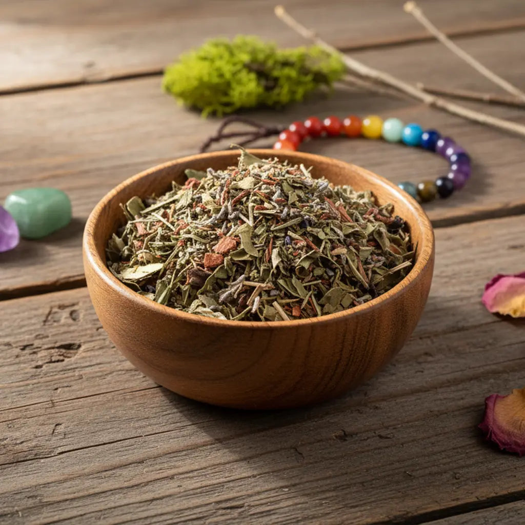 Bol en bois rempli de mélange d’encens 7 chakras aux herbes séchées, posé sur une table en bois avec bracelet de perles colorées en arrière-plan.