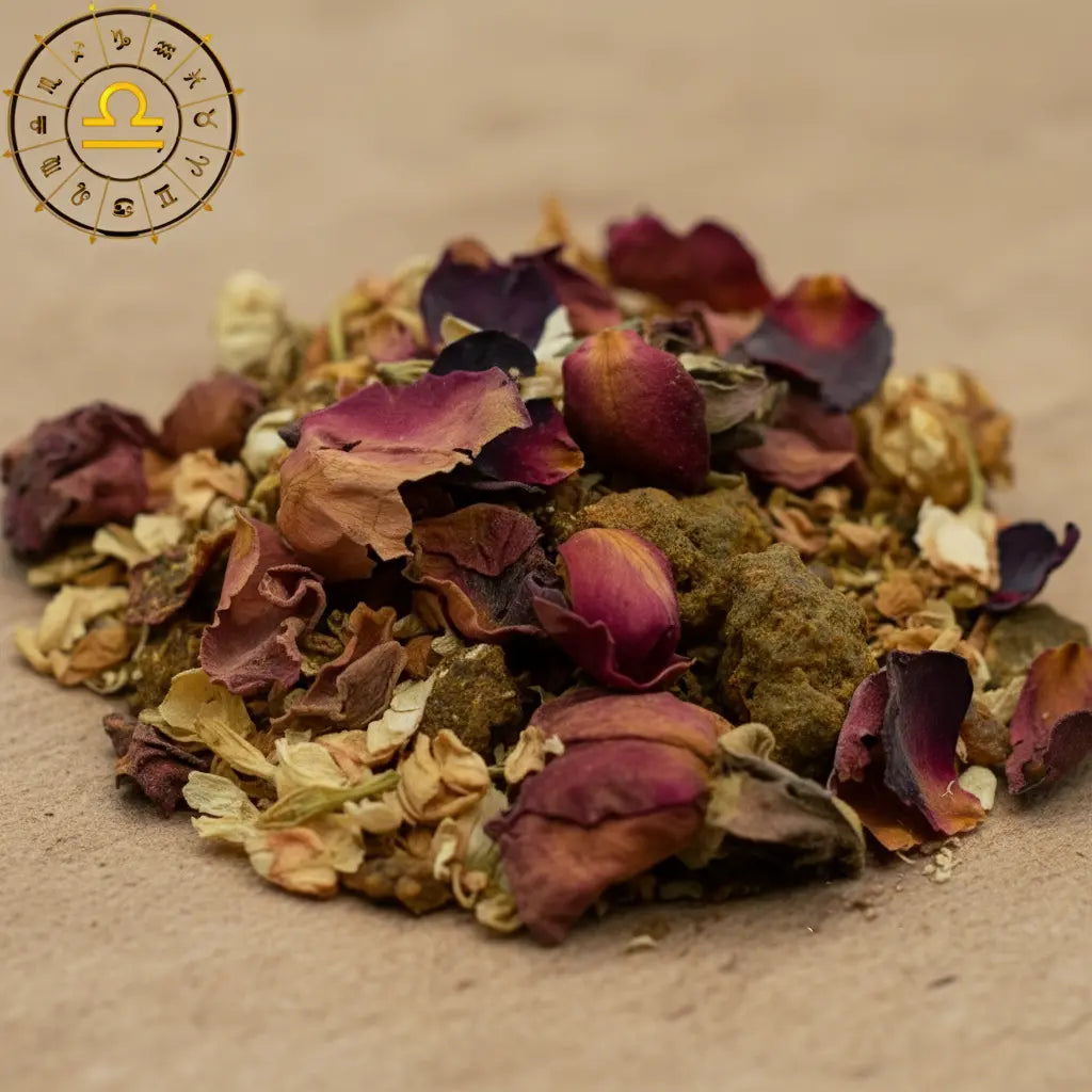 Gros plan sur un mélange d’encens astrologique Balance, composé de pétales de rose séchés et de grains de résine sur fond beige.