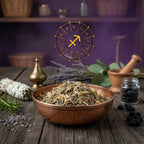 Bol en cuivre rempli d’encens astrologique Sagittaire aux herbes et lavande, posé sur une table en bois avec sauge, baies et symbole du Sagittaire en arrière-plan.