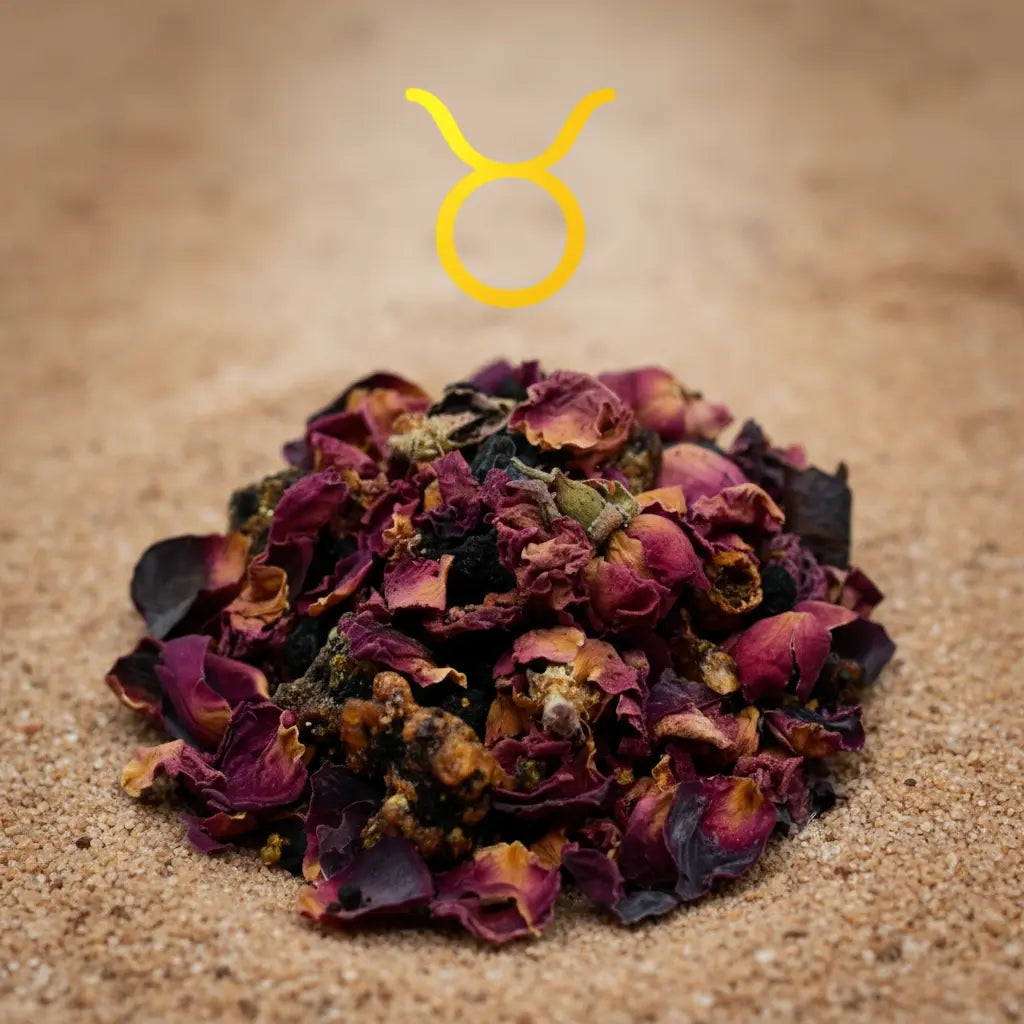 Gros plan d’encens astrologique Taureau, mélange de pétales de rose séchés et résine sombre sur fond sable avec symbole du Taureau.
