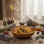 Bol en cuivre rempli d’encens astrologique Vierge aux herbes colorées, entouré de lavande, cristaux et symbole zodiacal de la Vierge.