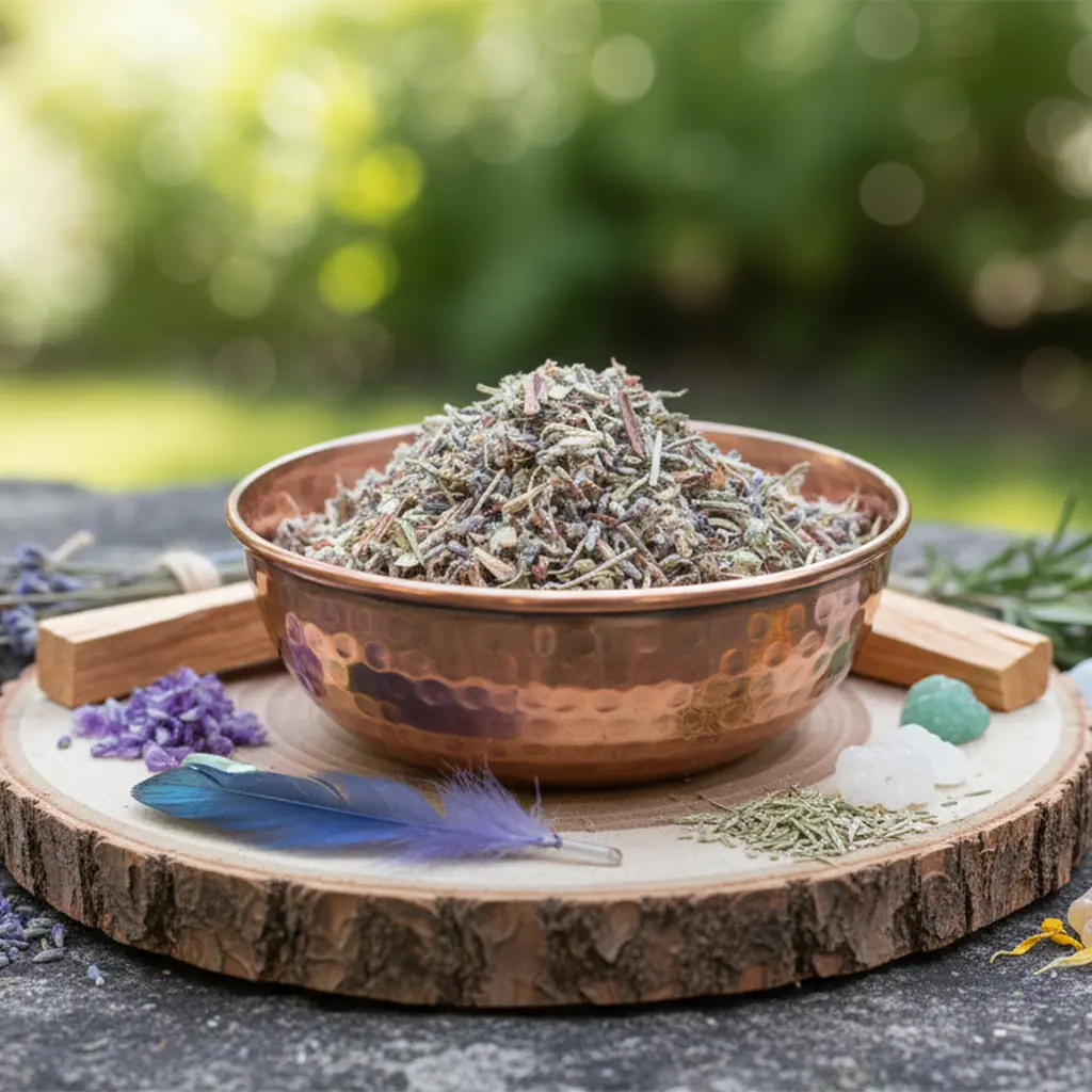 Bol en cuivre rempli de mélange d’encens aux herbes, posé sur une rondelle de bois avec plume bleue, cristaux et bâtons de bois en extérieur.
