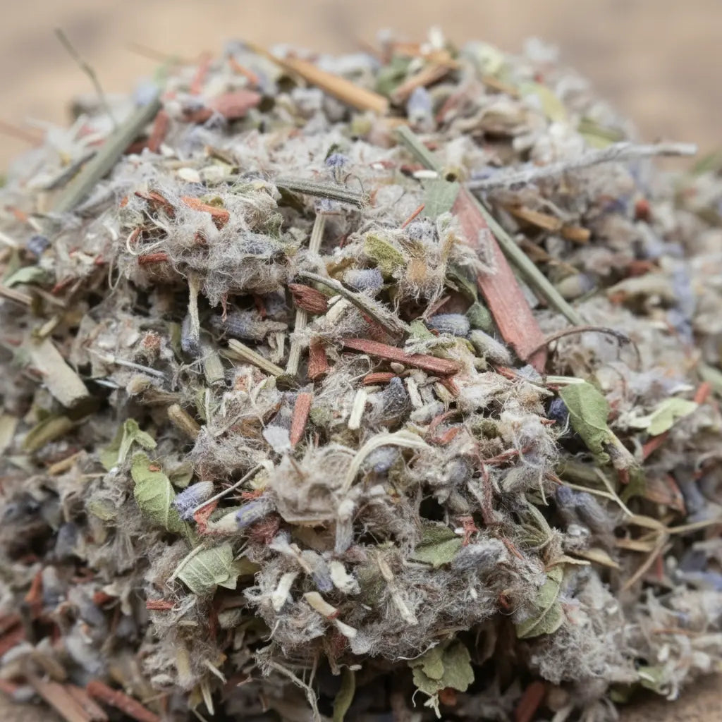 Gros plan sur un mélange d’encens aux herbes et brindilles colorées, à la texture duveteuse.
