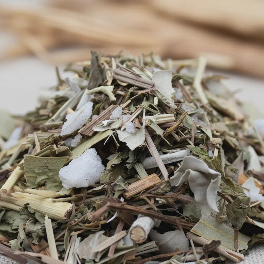 Gros plan sur un mélange d’encens aux herbes avec brindilles séchées et petits morceaux blancs cristallisés.