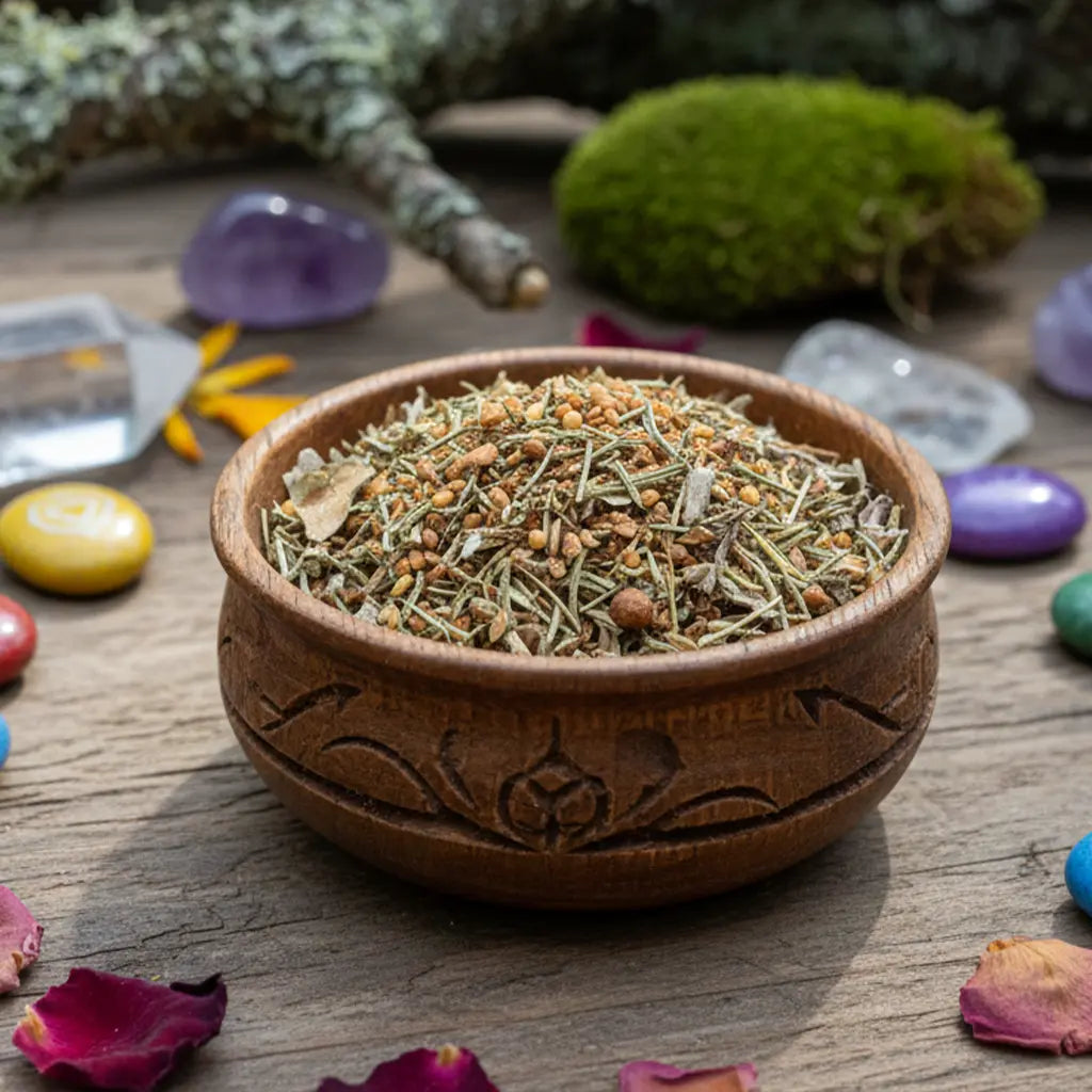 Bol en bois gravé rempli de mélange d’encens pour le chakra racine, entouré de cristaux et pétales sur une table en bois.