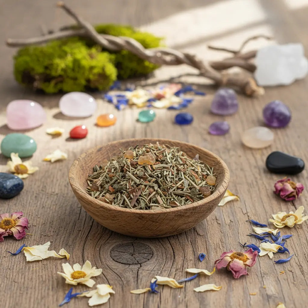 Bol en bois rempli de mélange d’encens aux herbes et résine, posé sur une table en bois avec fleurs séchées, cristaux et mousse décorative autour.
