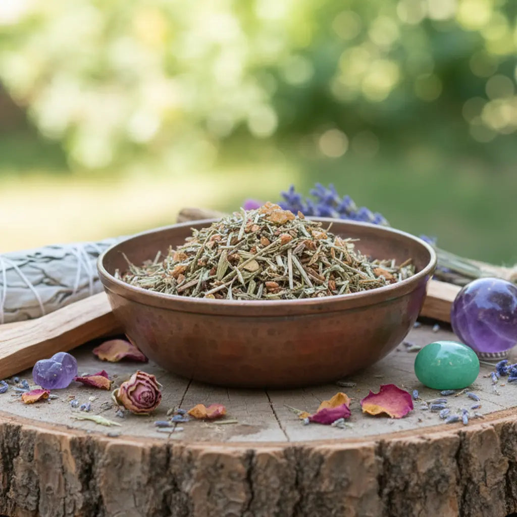 Bol en cuivre rempli de mélange d’encens aux herbes, posé sur une souche en bois avec sauge, lavande, cristaux et pétales en extérieur.