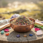 Bol en cuivre rempli de mélange d’encens aux herbes et pétales, posé sur une souche en bois avec sauge, cristaux et petites pierres en extérieur.