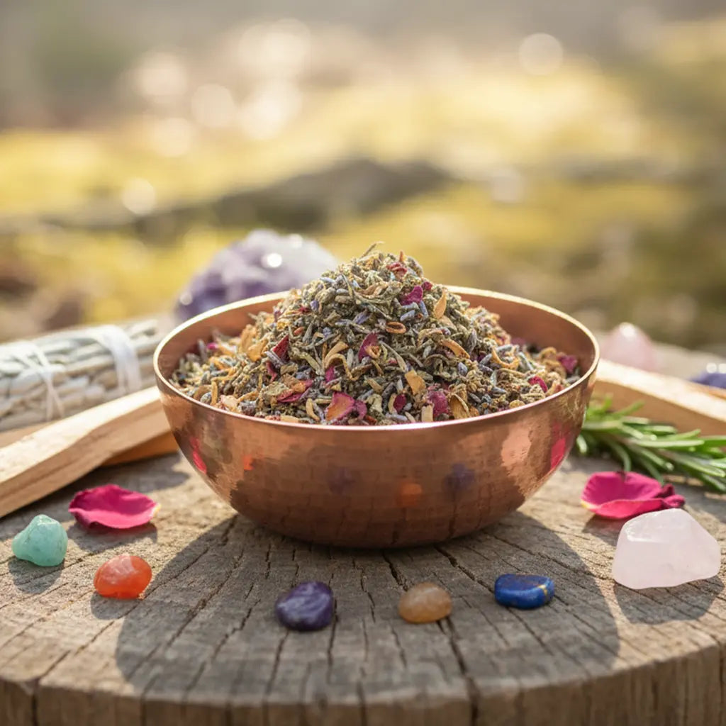 Bol en cuivre rempli de mélange d’encens aux herbes et pétales, posé sur une souche en bois avec sauge, cristaux et petites pierres en extérieur.