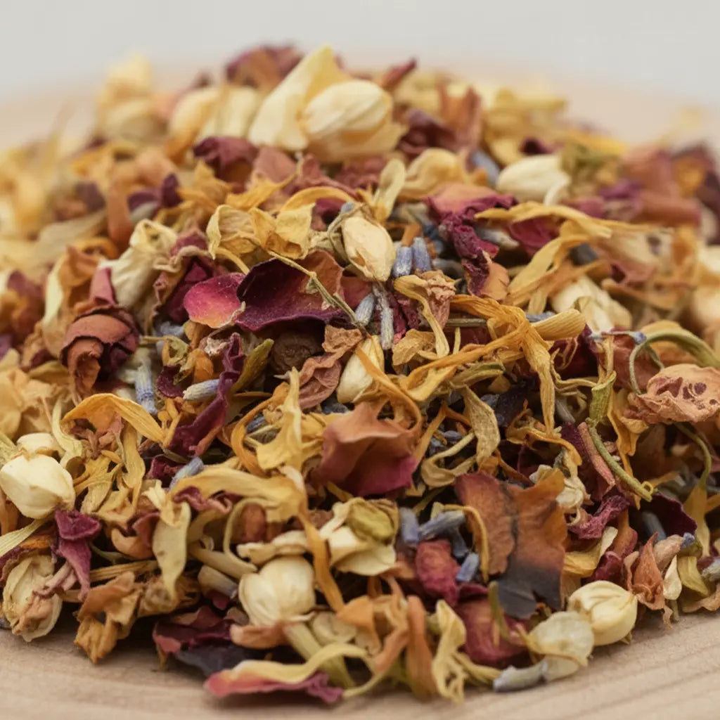 Gros plan sur un mélange d’encens floral en vrac composé de pétales colorés et de petites fleurs séchées.