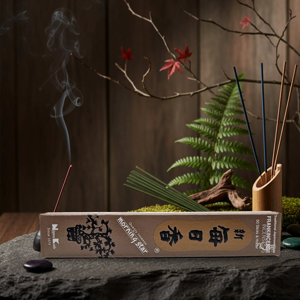 Boîte beige d'Encens Morning Star - Frankincense avec bâtonnets bleus et porte-encens céramique sur pierre zen.
