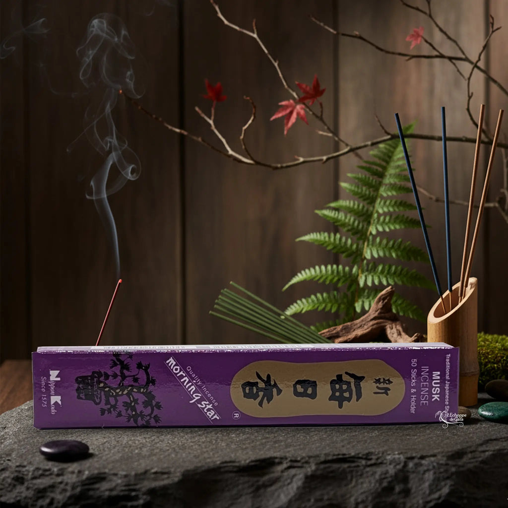Boîte violette d'Encens Morning Star - Musk avec bâtonnets et porte-encens carré en céramique pour rituel d'harmonie.