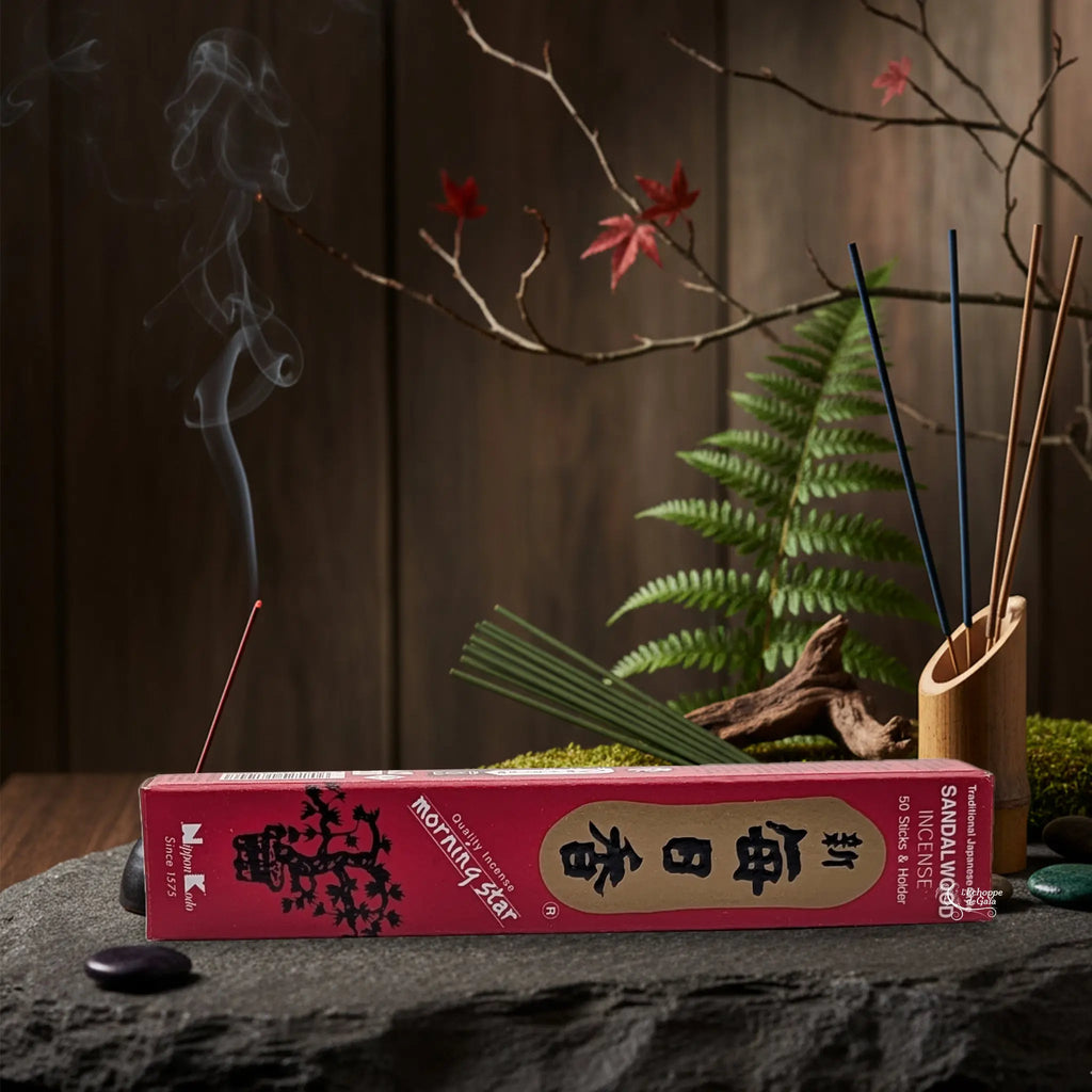 Boîte rouge d'Encens Morning Star - Bois de Santal avec bâtonnets et porte-encens carré pour rituel de méditation.