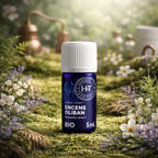 Flacon bleu d'huile essentielle d'Encens Oliban Bio Herbes et Traditions posé sur une mousse épaisse entouré de fleurs sauvages blanches et violettes.