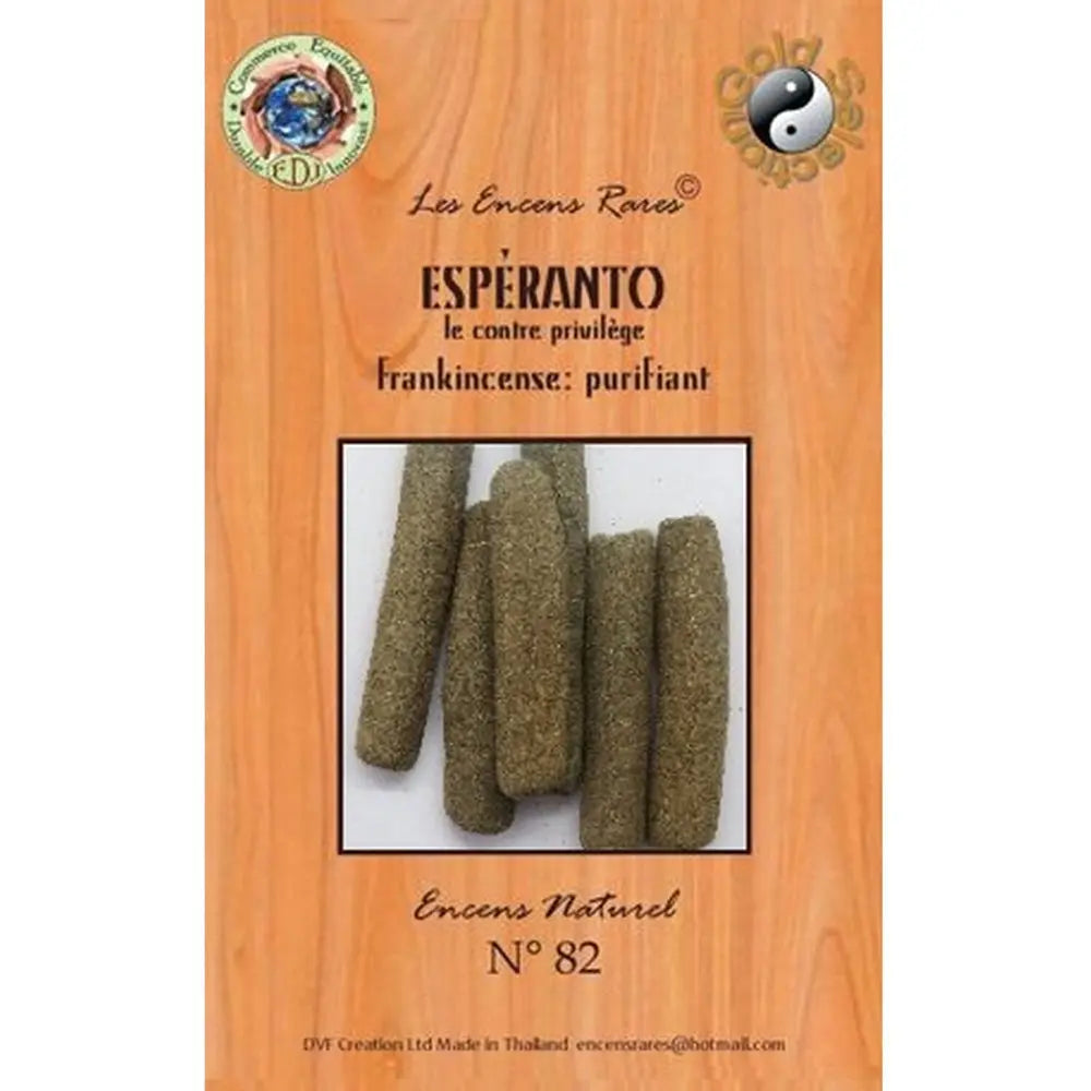 Paquet d’encens rares « Espéranto » n°82, visuel de bâtons d’encens verts sur fond bois.