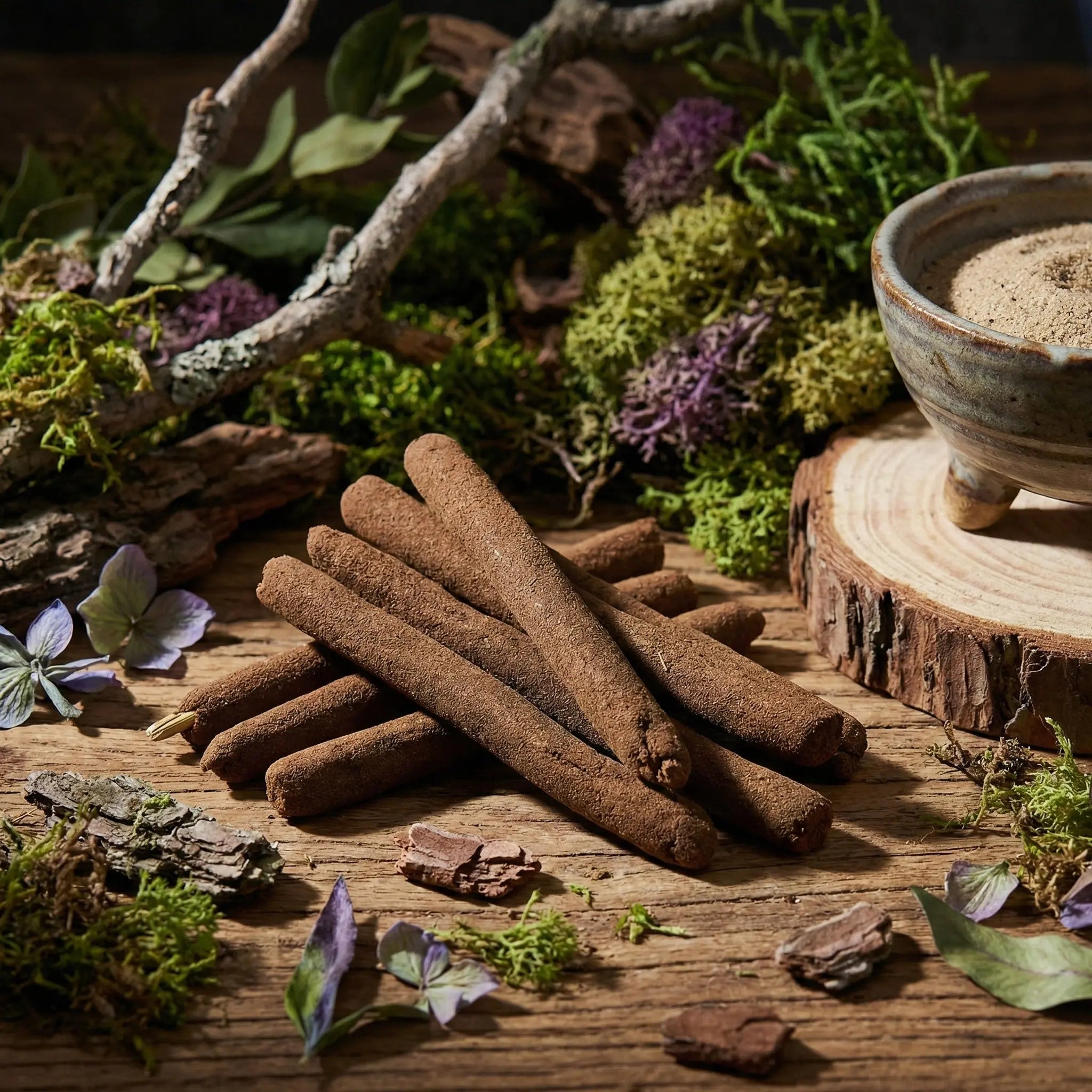 Bâtons d’encens bruns disposés sur table en bois, avec porte-encens en céramique, mousse, branches et fleurs.
