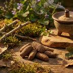 Cônes d’encens bruns sur table en bois, avec brûle-encens en céramique et cône fumant, décor végétal