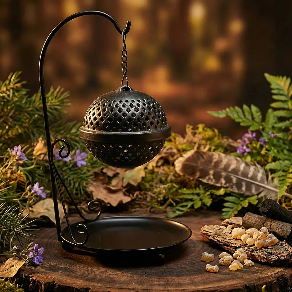 Encensoir sphère suspendue en métal noir, boule perforée sur chaîne, support courbé avec coupelle, posé en décor forestier.