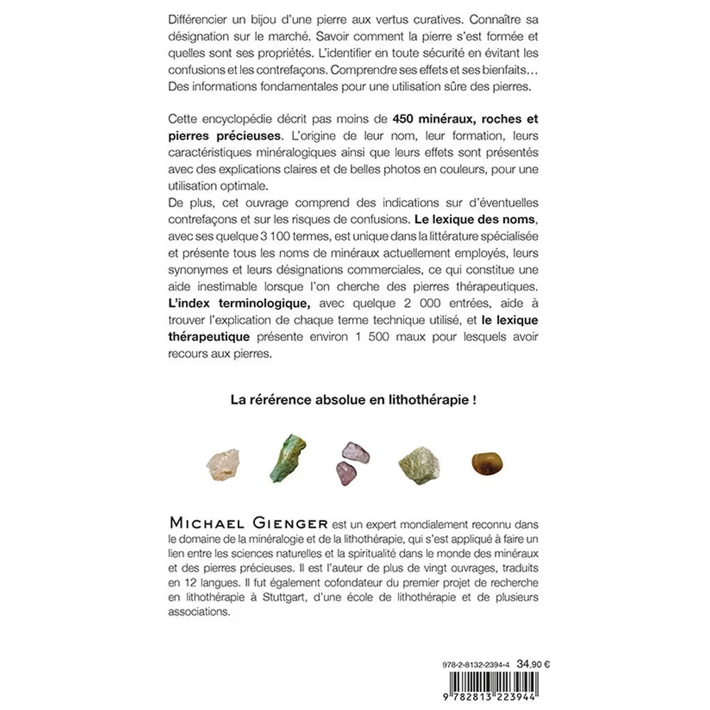 Dos de l'Encyclopédie des pierres thérapeutiques de Michael Gienger, publié chez Guy Trédaniel.