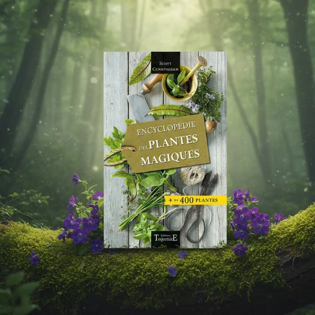 Livre Encyclopédie des Plantes Magiques de Scott Cunningham posé sur une souche moussue, illustré d'un atelier d'herboriste avec herbes fraîches, ciseaux et mortier.