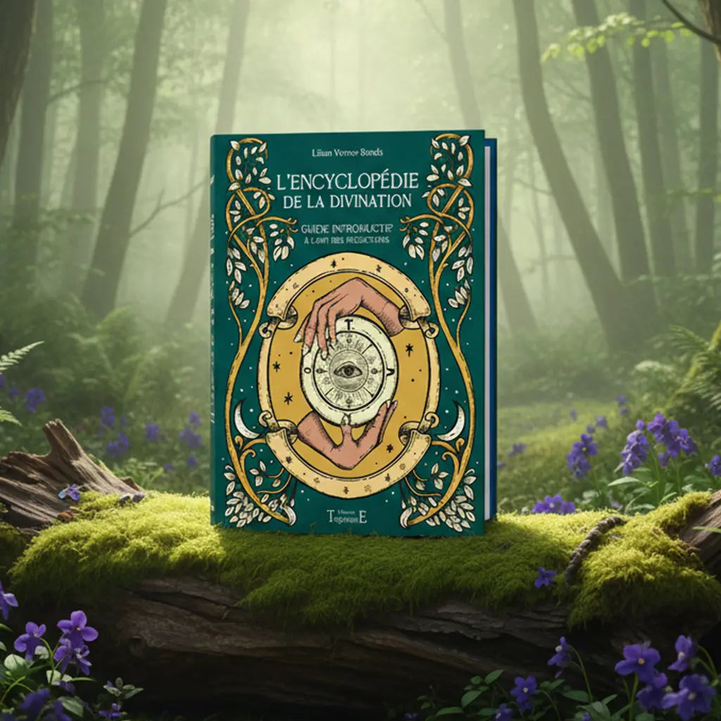 Livre vert et or L'Encyclopédie de la Divination de Lilian Verner-Bonds posé sur une souche, illustré de mains tenant un disque solaire et un œil.