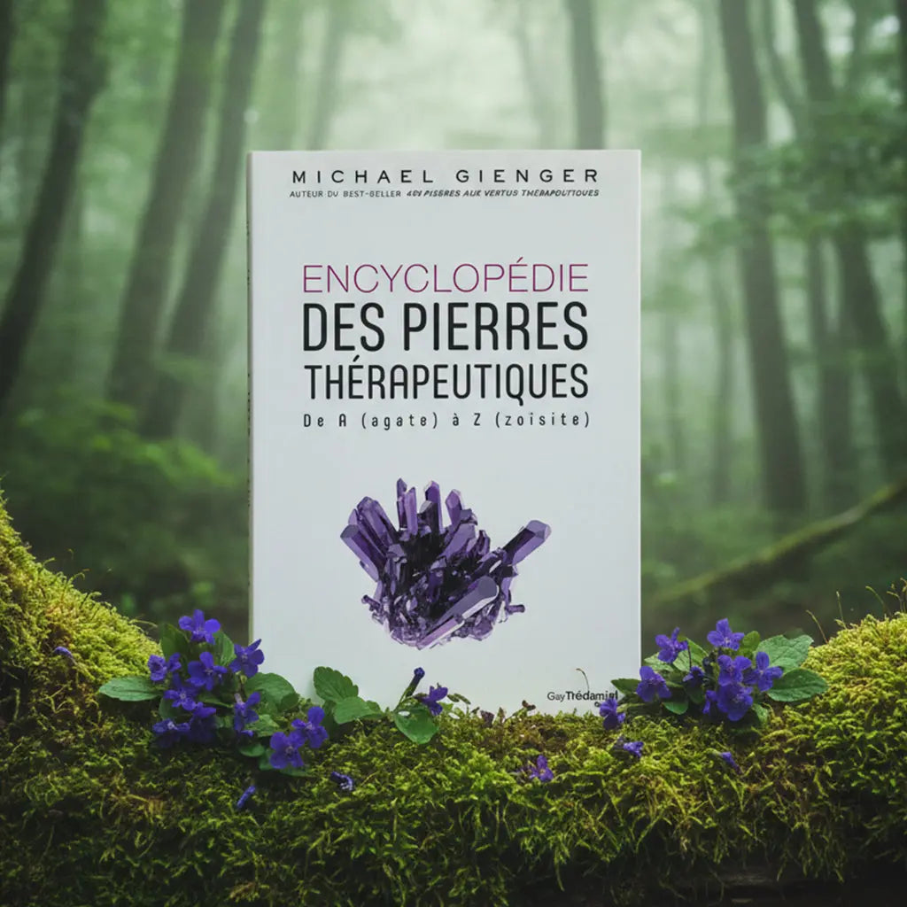 Livre blanc Encyclopédie des Pierres Thérapeutiques de Michael Gienger posé sur une souche, illustré d'un majestueux amas de cristaux violets d'améthyste.