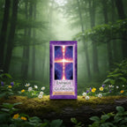 Coffret violet Energie de guérison - Cartes Pensées de Mario Duguay posé sur une souche, illustré d'une croix de lumière rayonnante sur fond cosmique.