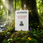 Livre blanc L'Esotérisme de Dante de René Guénon posé contre un arbre en forêt, avec un portrait de Dante Alighieri en médaillon.