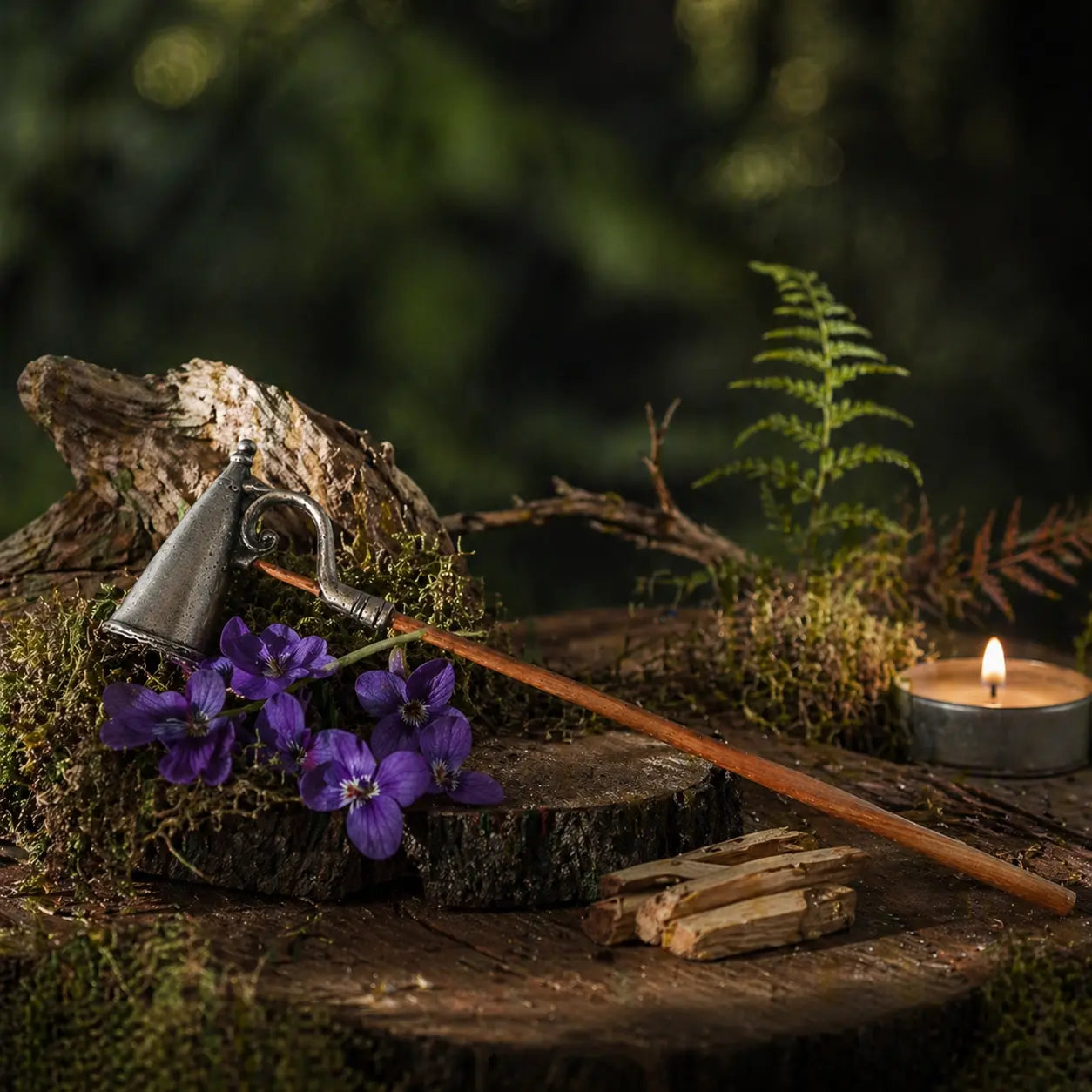 Éteignoir rituel à cloche en étain gris et manche en bois, posé sur une souche forestière avec des fleurs violettes et une bougie allumée en arrière-plan.