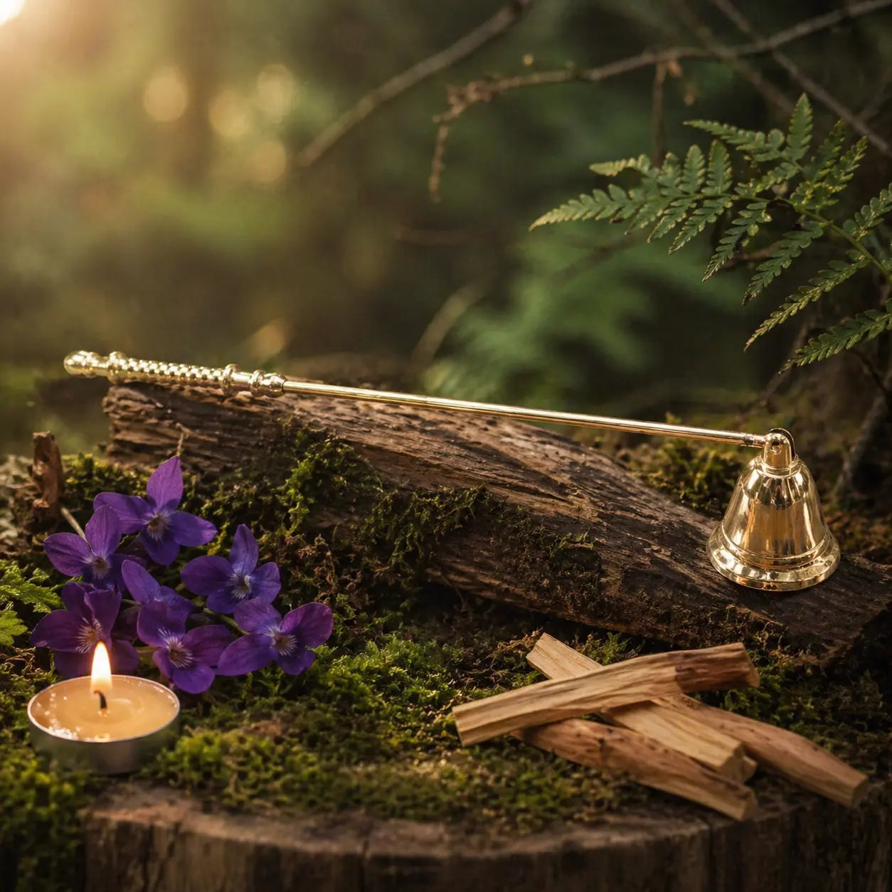Éteignoir rituel en laiton doré étincelant avec cloche articulée, posé sur une écorce moussue près de fleurs violettes et de bois de Palo Santo.