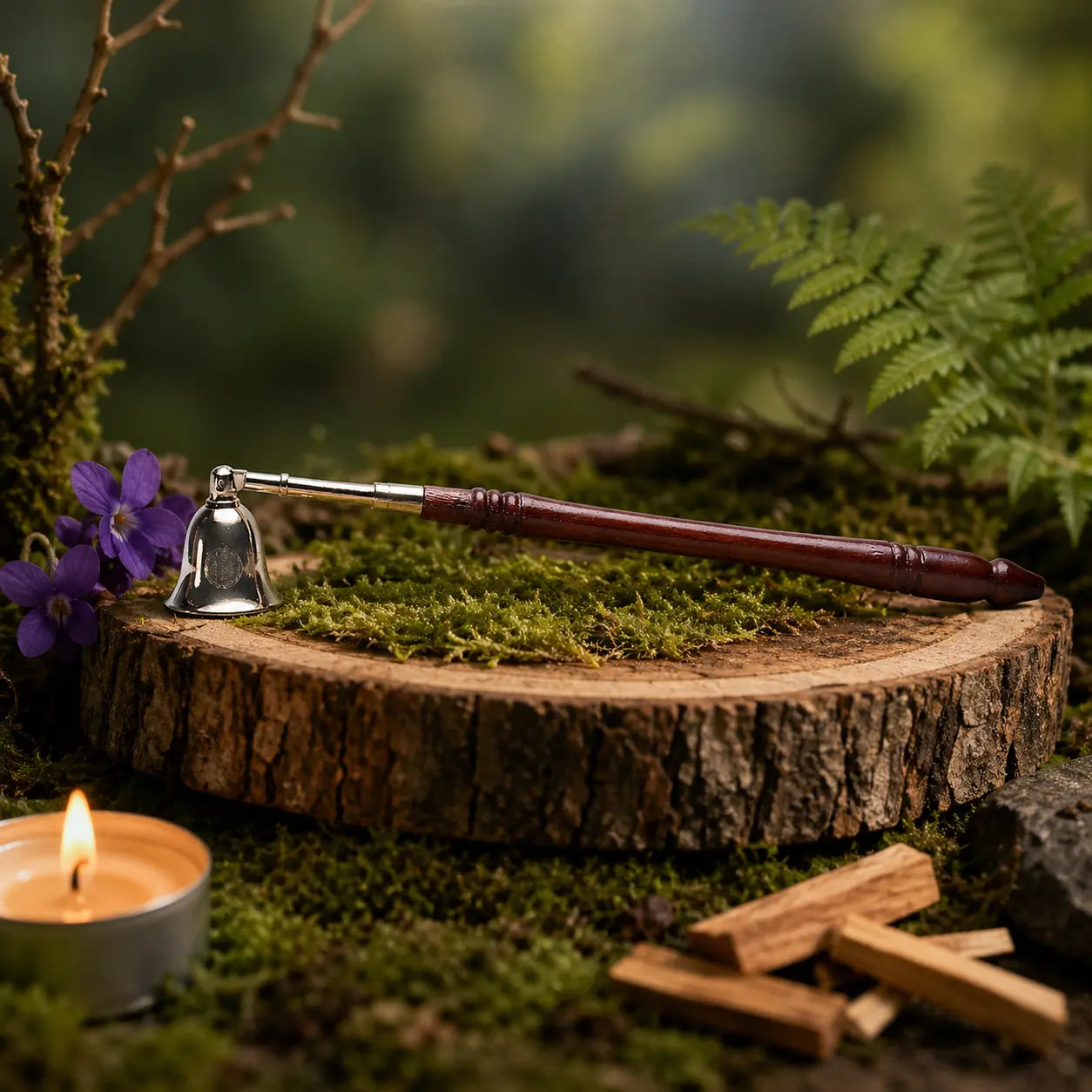 Éteignoir rituel avec une cloche en laiton doré gravée d'une Fleur de Vie et un manche en bois sombre, posé sur une tranche de bois entourée de fleurs violettes et de bois de Palo Santo.