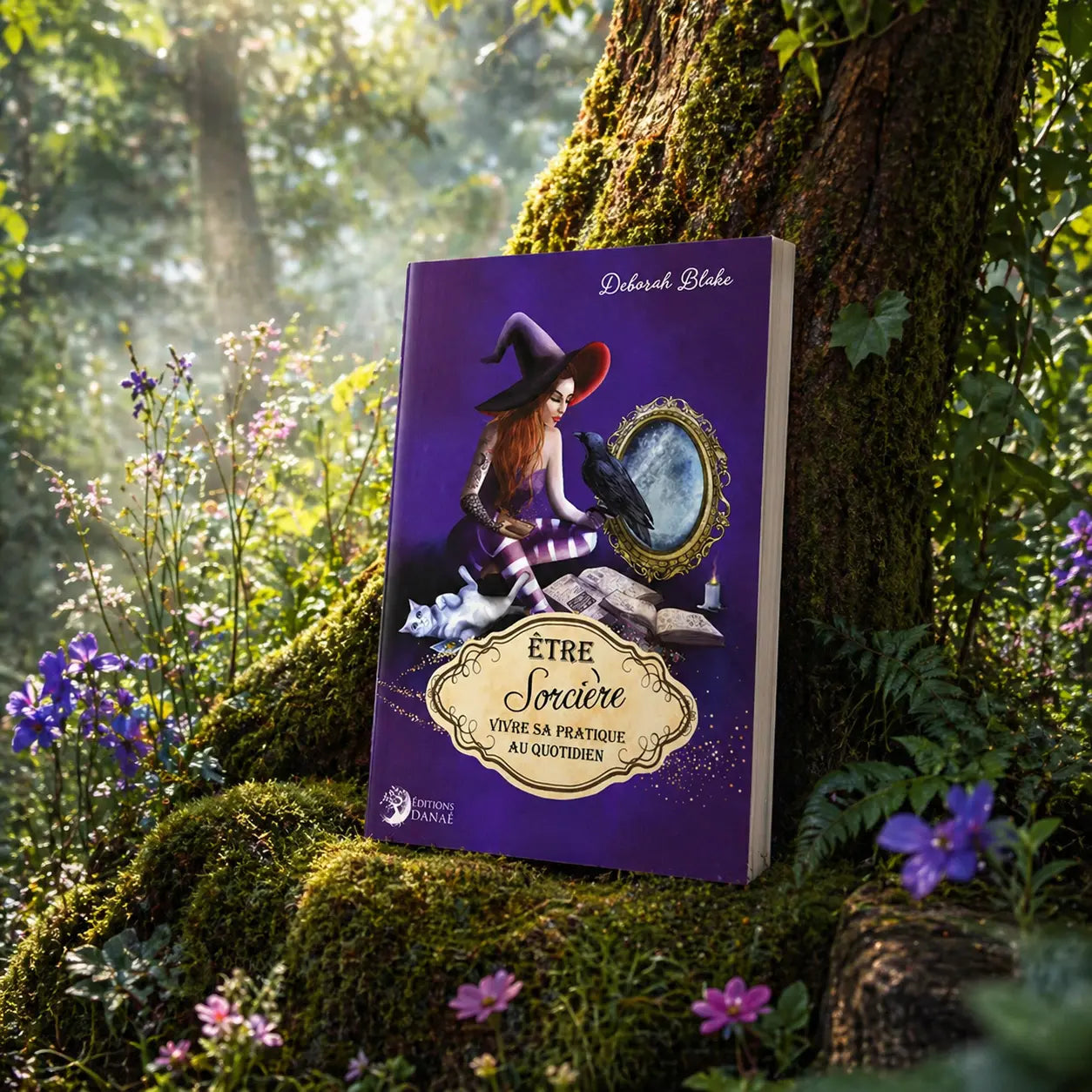 Livre violet Être Sorcière Vivre sa Pratique au Quotidien de Deborah Blake posé contre un arbre, illustré d'une sorcière moderne avec son corbeau, son chat et un miroir magique.