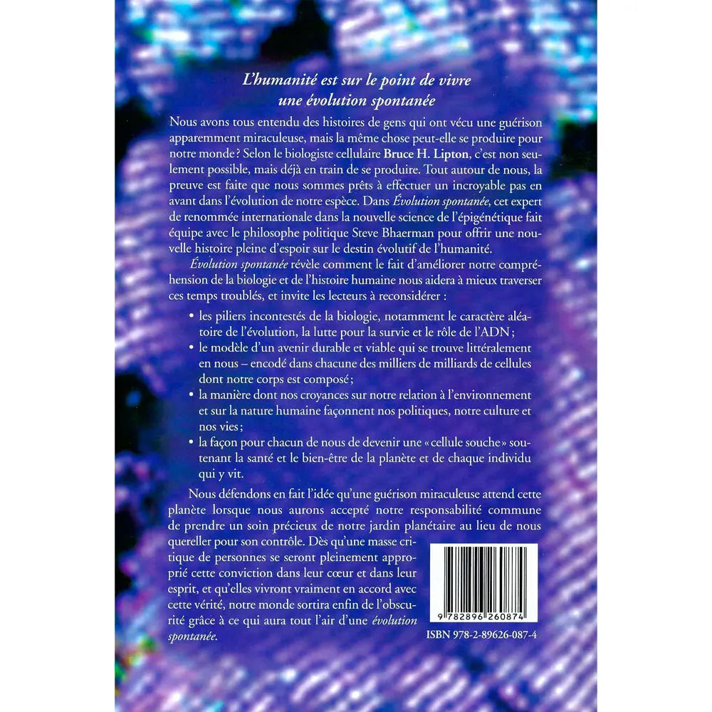 Quatrième de couverture du livre "Évolution Spontanée" présentant le résumé et le code ISBN.