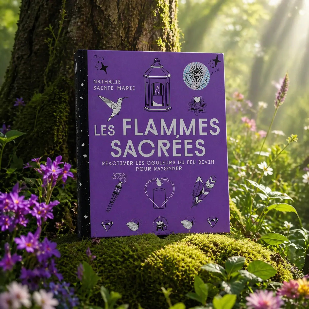 Livre violet Les Flammes Sacrées de Nathalie Sainte-Marie posé dans la mousse, illustré de symboles ésotériques comme une lanterne, un colibri et une bougie.