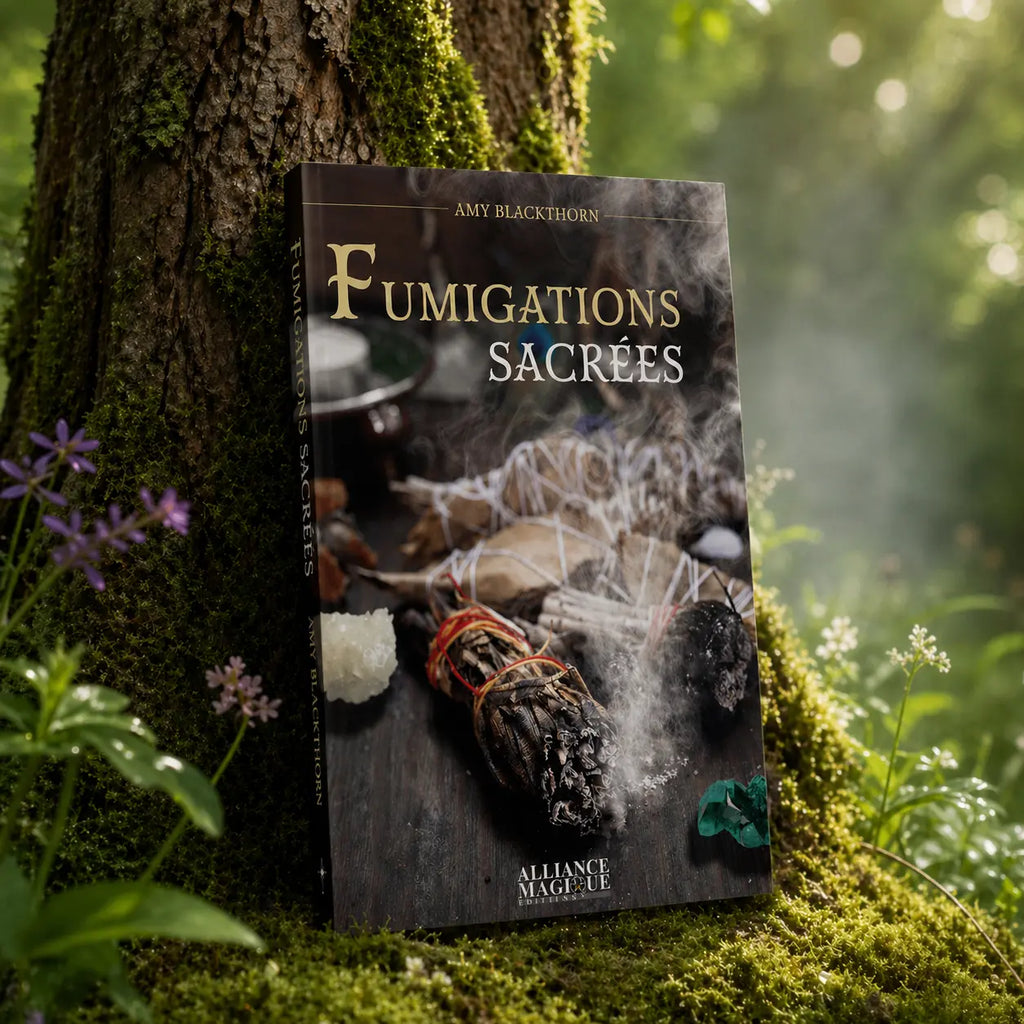 Livre Fumigations Sacrées d'Amy Blackthorn posé contre un arbre, illustré par des herbes séchées, un bol de résine et une fumée mystique s'élevant dans un ciel étoilé.