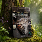 Livre Fumigations Sacrées d'Amy Blackthorn posé contre un arbre, illustré par des herbes séchées, un bol de résine et une fumée mystique s'élevant dans un ciel étoilé.
