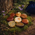 Ensemble de galets plats en agate cornaline aux nuances chaudes, du orange translucide au rouge terreux, disposés en cercle sur de la mousse.