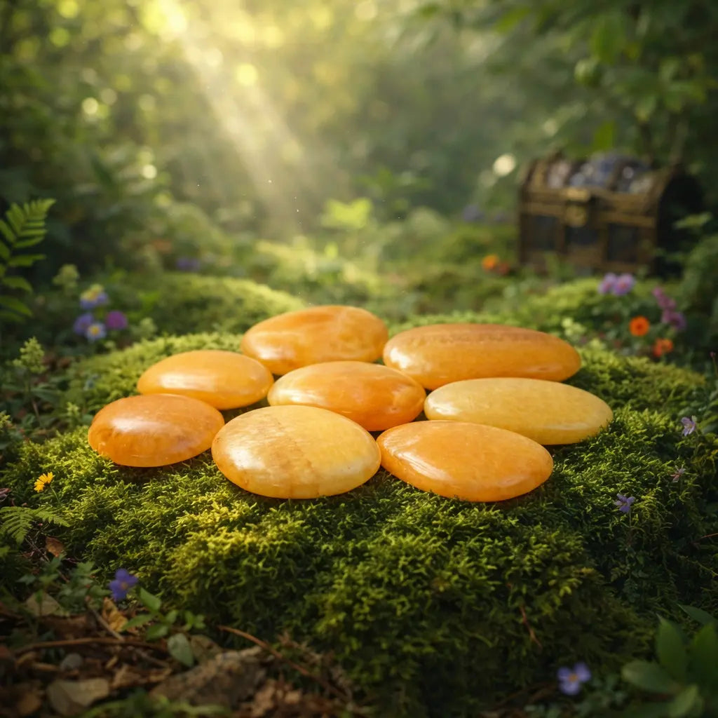 Galets plats de calcite orange aux reflets ambrés et à la texture cireuse, disposés en cercle sur un tapis de mousse forestière sous une lumière solaire dorée.