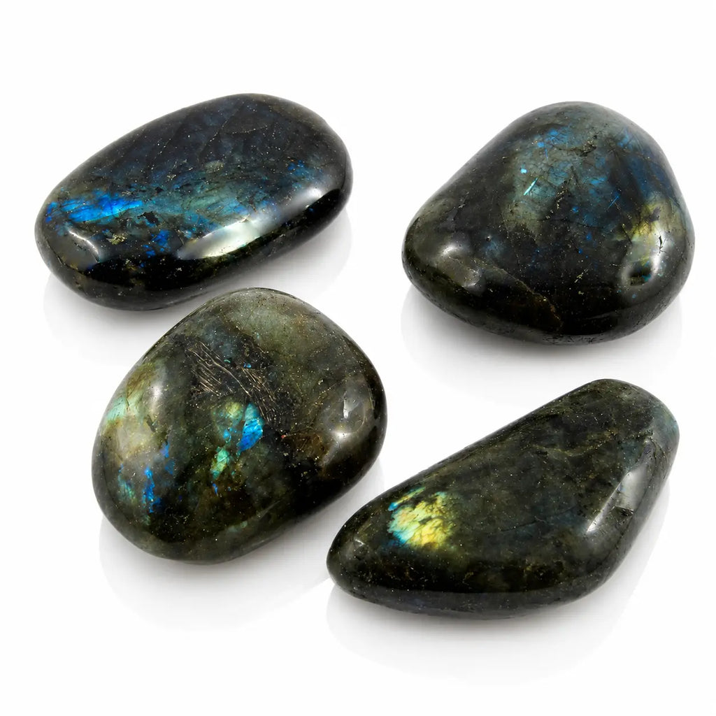 Labradorite - Galet Plat, illustré par quatre galets polis aux formes douces et aplaties, révélant des éclats irisés distincts allant du bleu électrique au vert et au jaune doré.