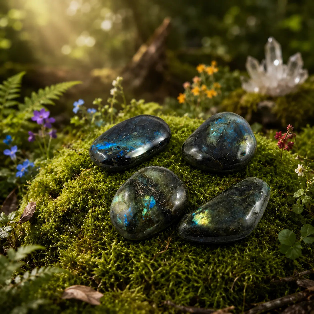 Quatre petits galets plats de labradorite polie aux reflets métalliques bleutés et dorés, disposés sur un lit de mousse forestière dense.