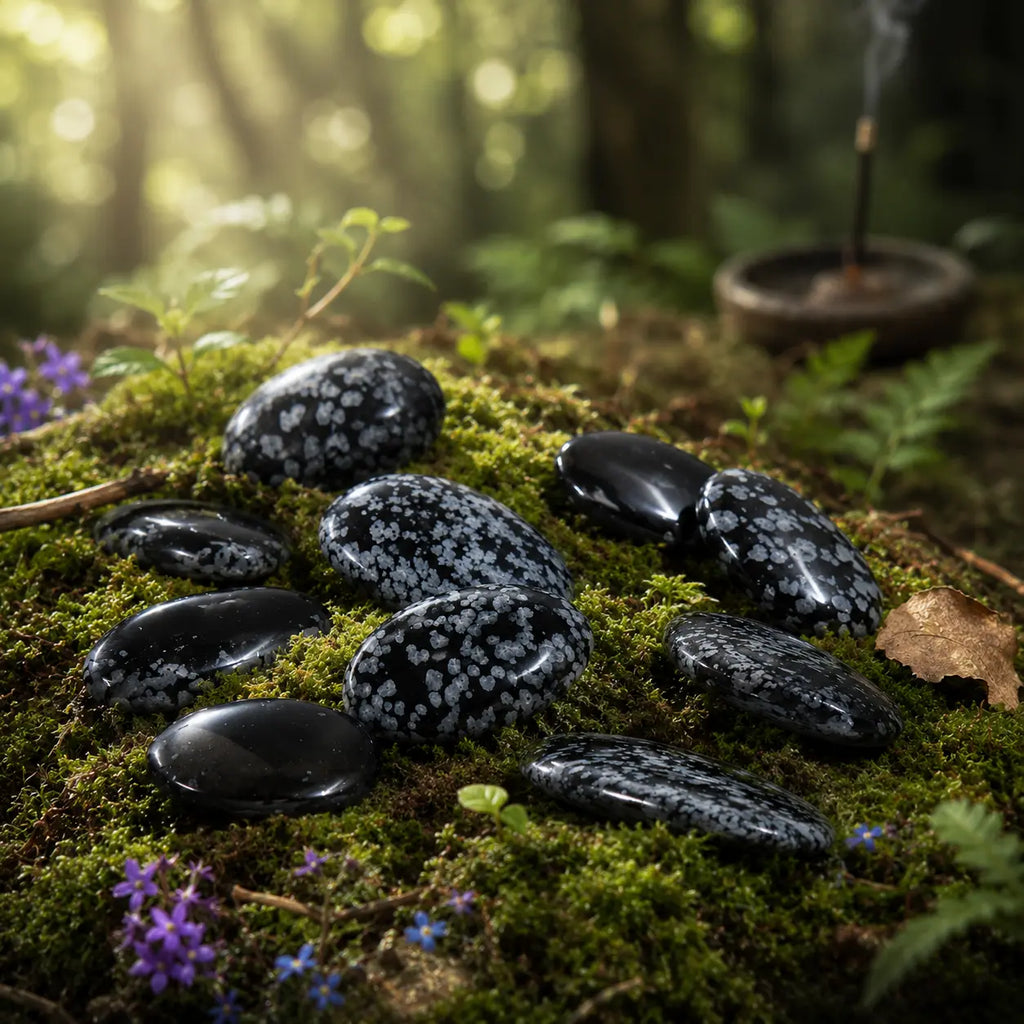 Galets plats d'obsidienne mouchetée noire avec des flocons gris et blancs, disposés sur de la mousse verte en forêt avec un bâton d'encens allumé.