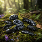 Galets plats d'obsidienne mouchetée noire avec des flocons gris et blancs, disposés sur de la mousse verte en forêt avec un bâton d'encens allumé.