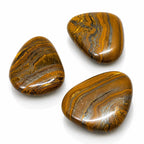 Oeil de fer : trio de galets plats et polis, révélant de magnifiques strates et lignes naturelles dorées, brunes et grises.