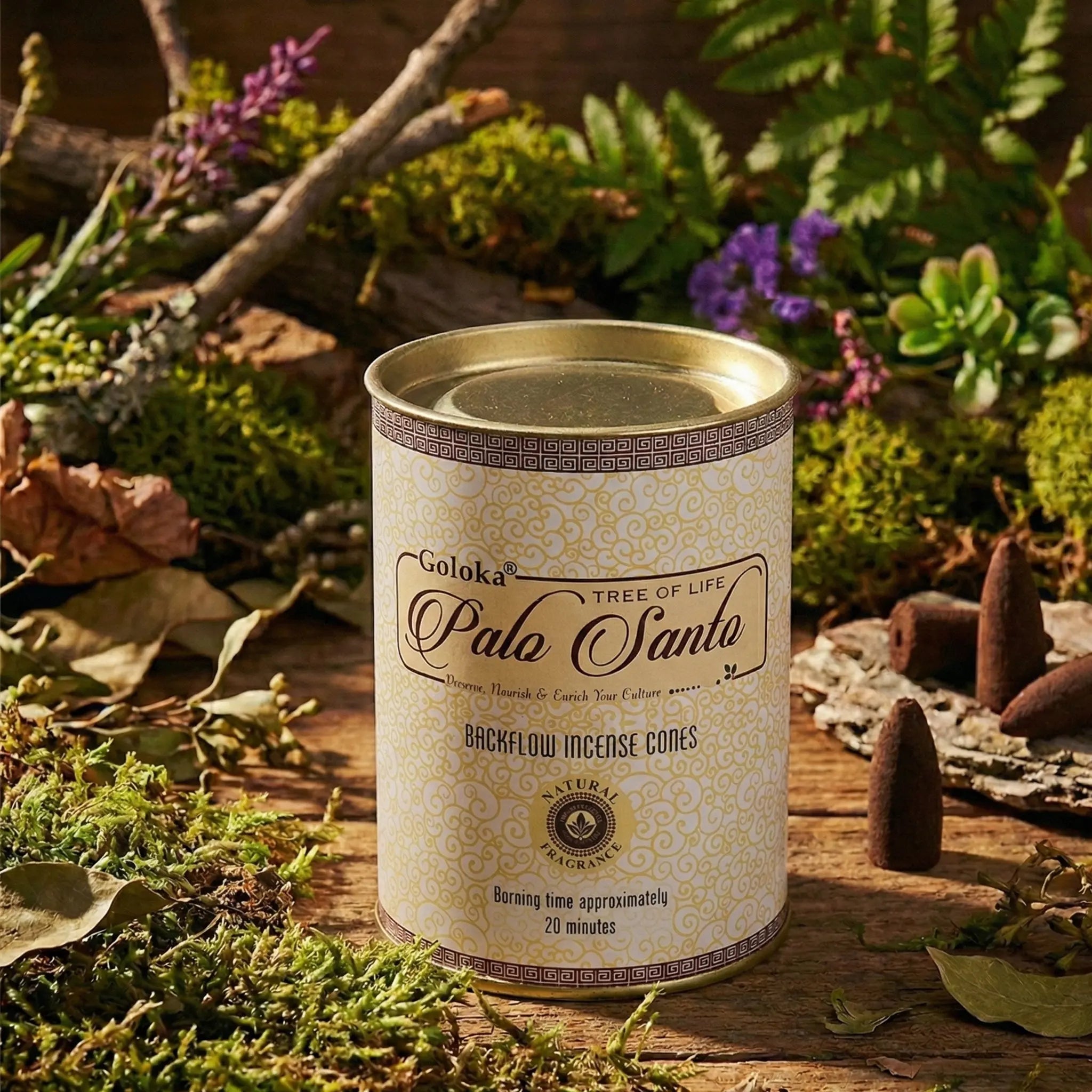 Boîte d’encens Goloka Palo Santo en métal, texte « Backflow incense cones » et « Natural fragrance », décor nature (mousse, feuilles, fleurs) avec cônes bruns à droite.