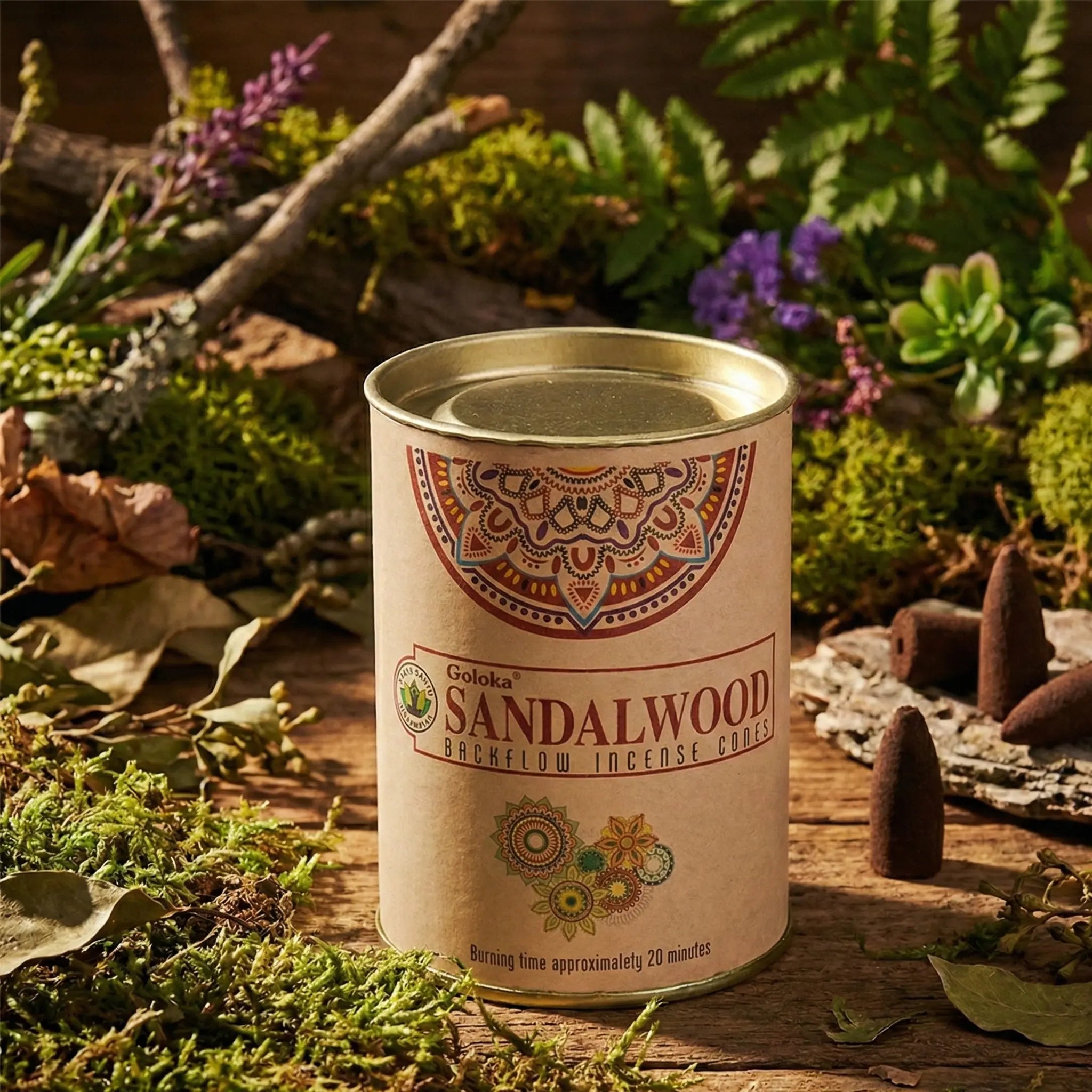 Boîte de cônes d’encens backflow Goloka, étui métal avec étiquette beige « Sandalwood », posée sur table en bois, cônes visibles autour.