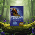 Livre spiralé bleu Grand Répertoire des Planches Cadrans de Pendule de Reinhard Lehner posé sur une souche, illustré d'un pendule doré sur un cadran de radiesthésie.