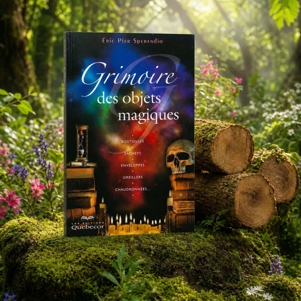 Livre Grimoire des Objets Magiques d'Eric Pier Sperandio, illustré par un crâne, un sablier et des bougies sur fond de nébuleuse cosmique.