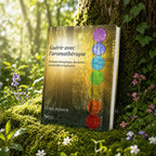 Livre Guérir avec l'Aromathérapie de Lydia Bosson posé contre un arbre, illustré par une forêt baignée de lumière et l'alignement des sept chakras colorés.