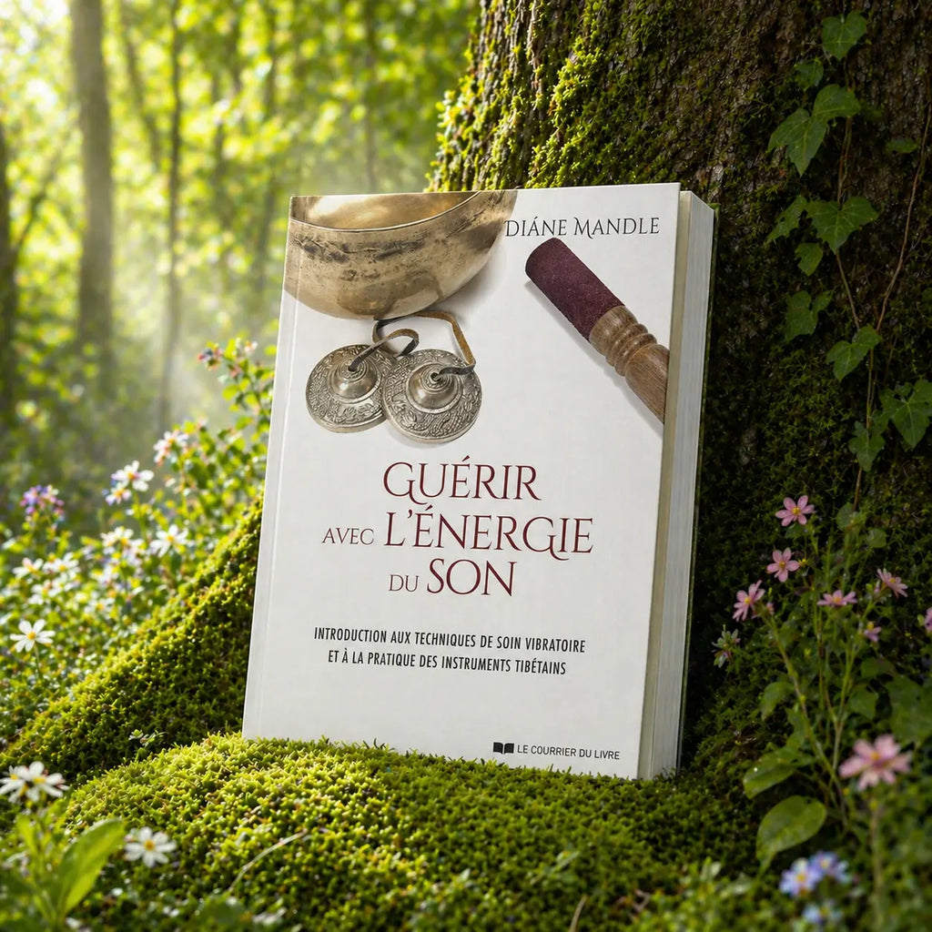 Livre blanc Guérir avec l'Énergie du Son de Diane Mandle posé dans la mousse, illustré d'un bol tibétain, de cymbales tingsha et d'une mailloche en bois.